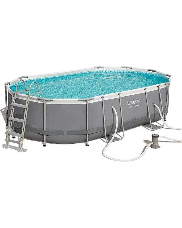 Bestway 56448 Power Steel Oval (488x305x107 cm, con Depuradora Cartucho con Cobertor y Escalera)