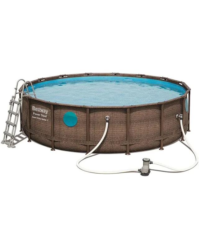 Bestway Power Steel 56725 (488x122 cm, con Depuradora Cartucho con Cobertor y Escalera, Diseño Ratán)